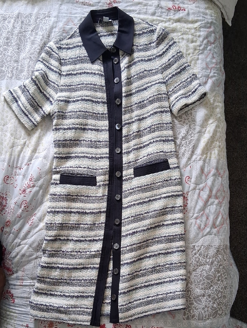 Per Se Cream and Black Striped Knit Midi Dress